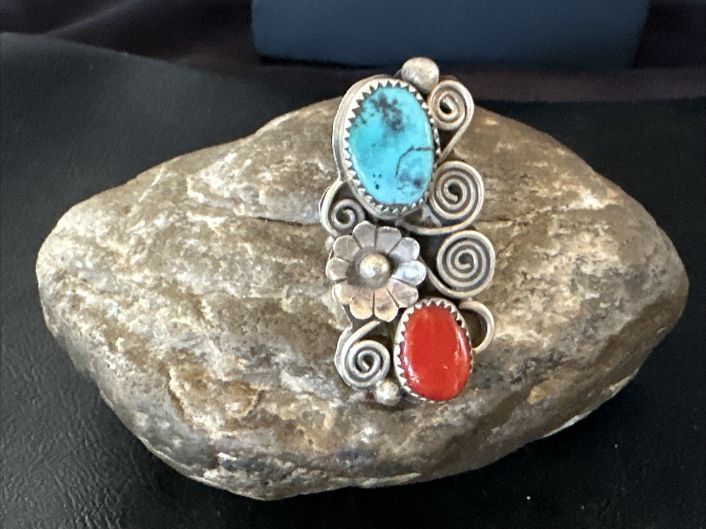Cluster Kingman Turquoise Purple Spiny Navajo Sterling Silver Ring Sz 6.5 19765