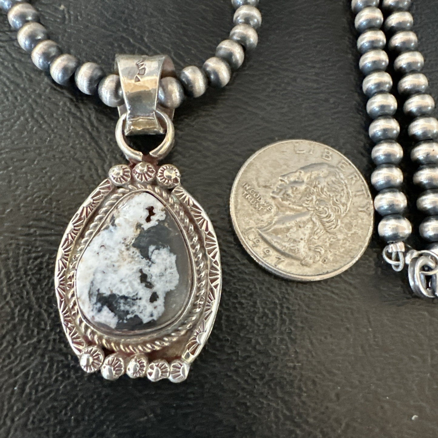 White Buffalo Turquoise Pendant Navajo Pearls Sterling Silver Necklace 20” 19495