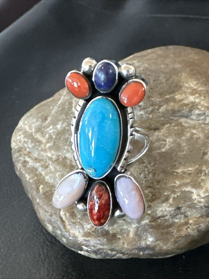 Cluster Blue Turquoise Spiny Oyster Onyx Sterling Silver Ring Size 8 18564