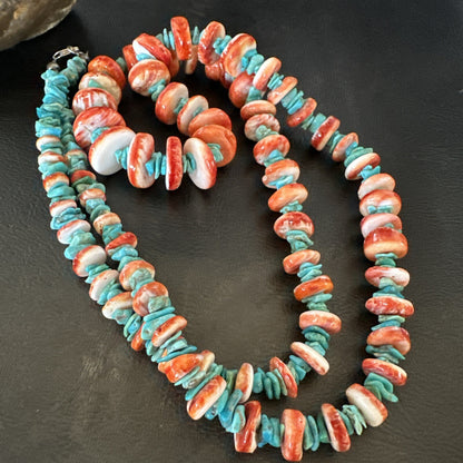 XL Red Spiny Oyster Blue Turquoise Navajo Sterling Silver Necklace 35" 18266
