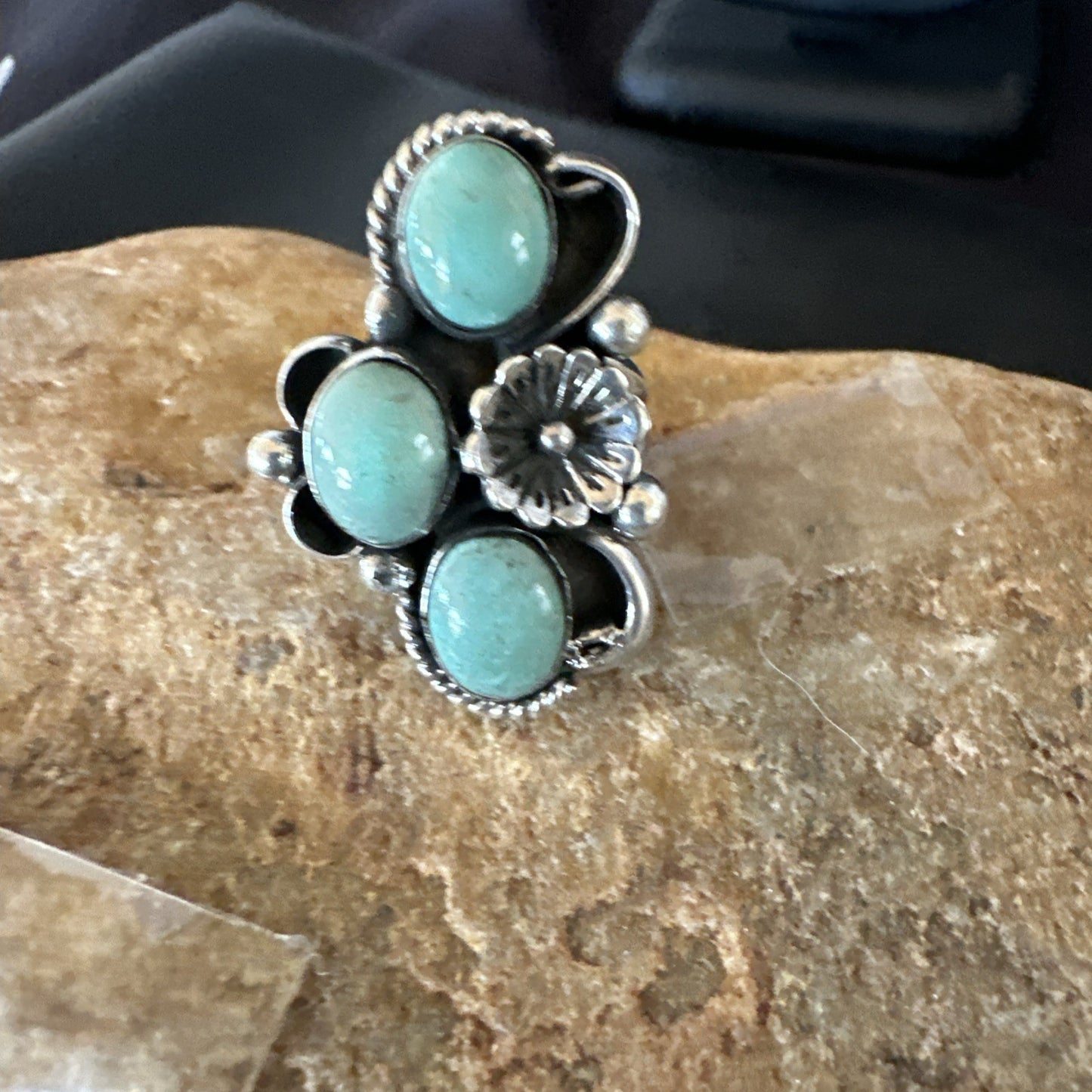 Yazzie Ring Green Turquoise Navajo Sterling Silver Cluster Size 8 19223