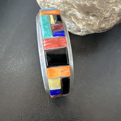 Mens Navajo Black Onyx Coral Turquoise Sterling Silver Cuff Bracelet Inlay 19501