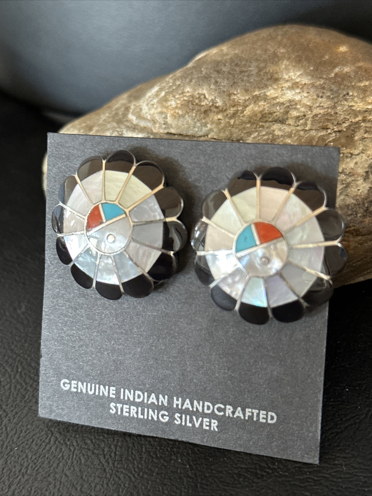 Coral Turquoise Onyx Abalone Zuni Sterling Silver Sunface Inlay Earrings 14769