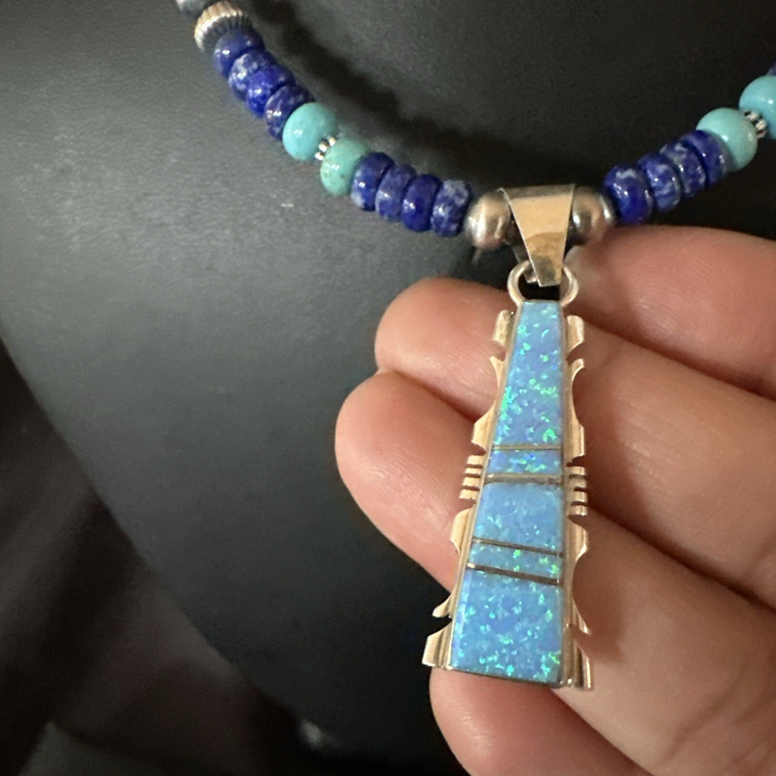 Mens Blue Turquoise Lapis Opal Pendant Navajo Sterling Silver Necklace 20" 17896