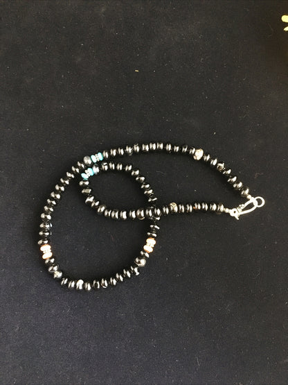 Black Onyx & Turquoise Navajo Sterling Silver Necklace 18” 10020