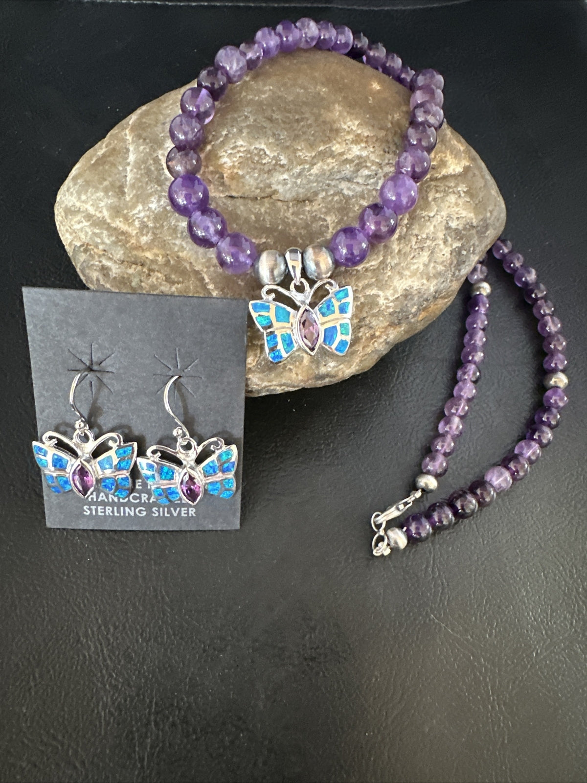 Butterfly Navajo Purple Amethyst Opal Sterling Silver Necklace Earrings 15299