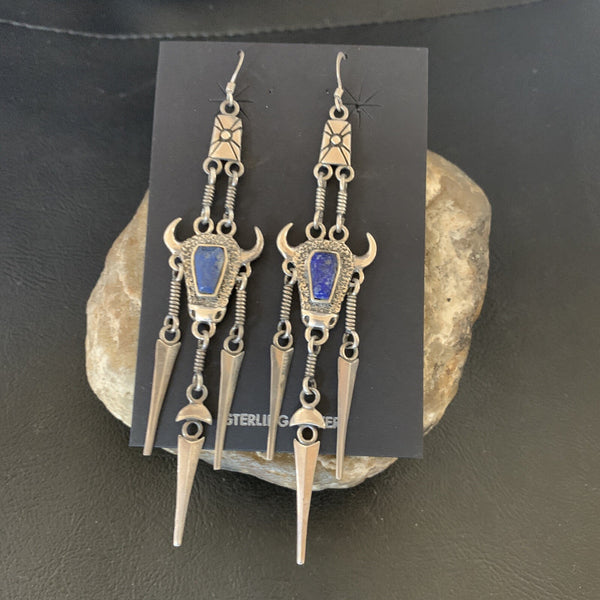 Denim Blue Lapis Lazuli Inlay Navajo Dangle Earrings | Sterling Silver | Authentic Native American Handmade | 04518