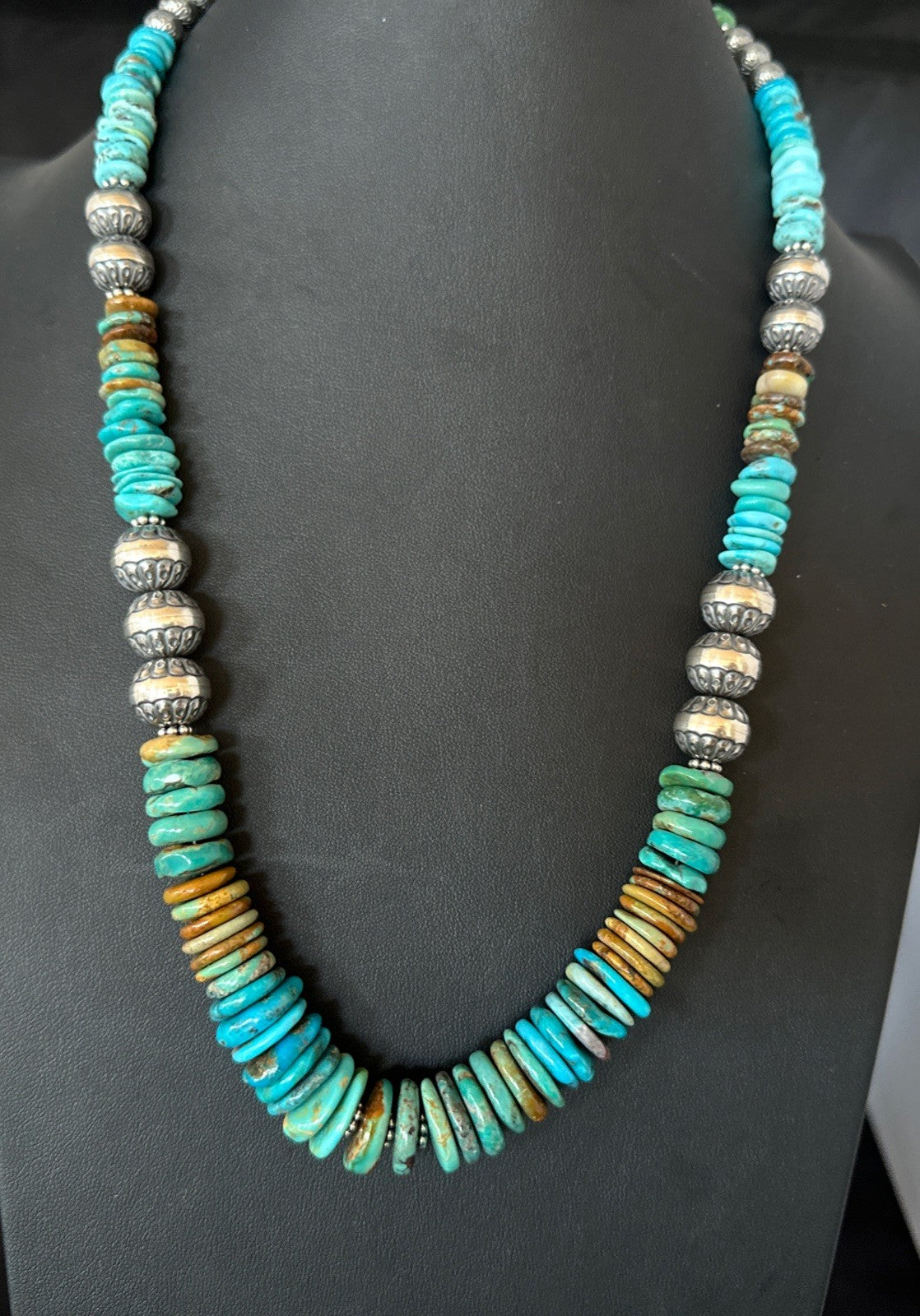 WoMens Blue Green Turquoise Navajo Sterling Silver Necklace 24” 19493