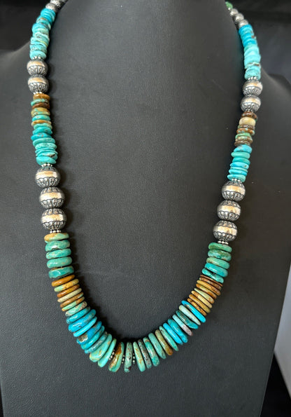WoMens Blue Green Turquoise Navajo Sterling Silver Necklace 24” 19493