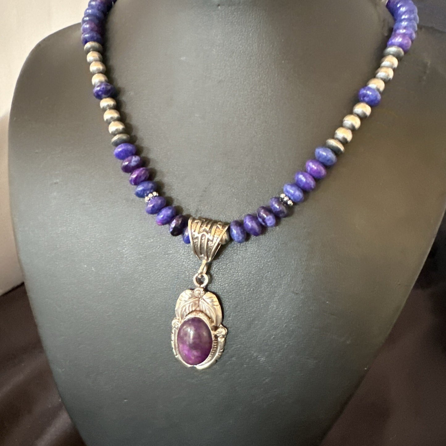 Purple Stone Pendant Navajo Pearls Sterling Silver Necklace 21” 18034