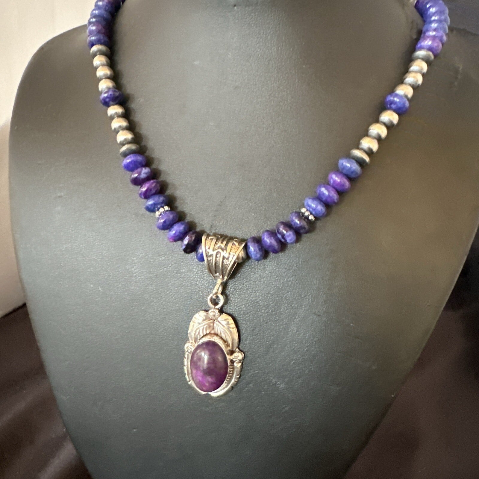 Purple Stone Pendant Navajo Pearls Sterling Silver Necklace 21” 18034