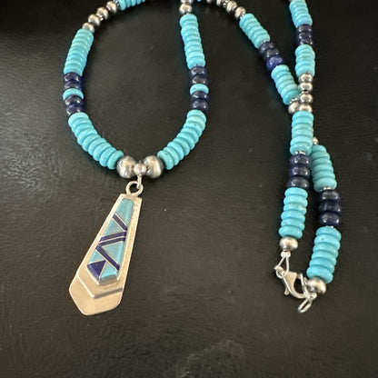 Blue Lapis Turquoise Inlay Pendant Navajo Sterling Silver Necklace 20" 19657