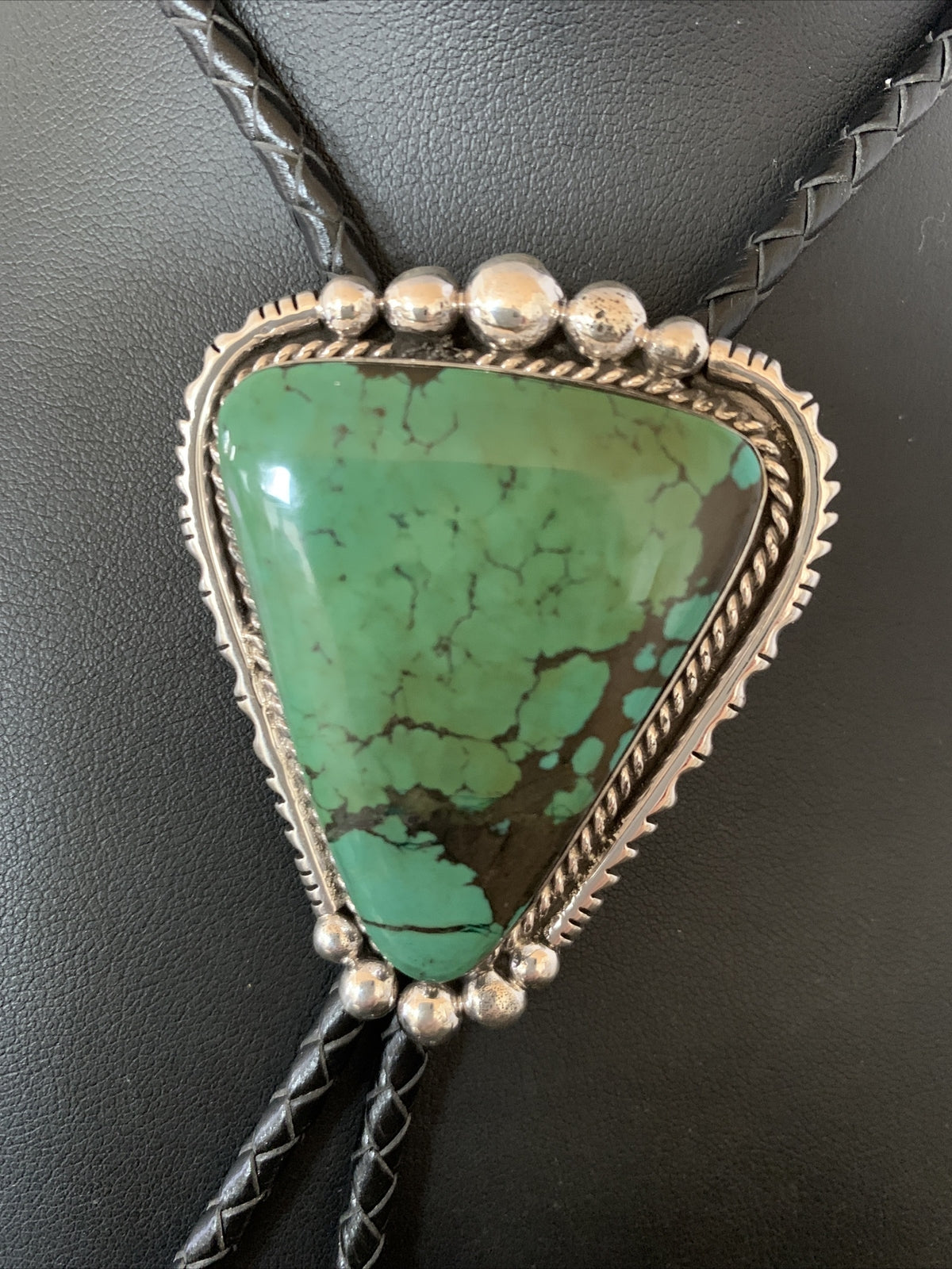 Native Mens Green Spider Web Turquoise Navajo Sterling Silver Bolo Tie 12904