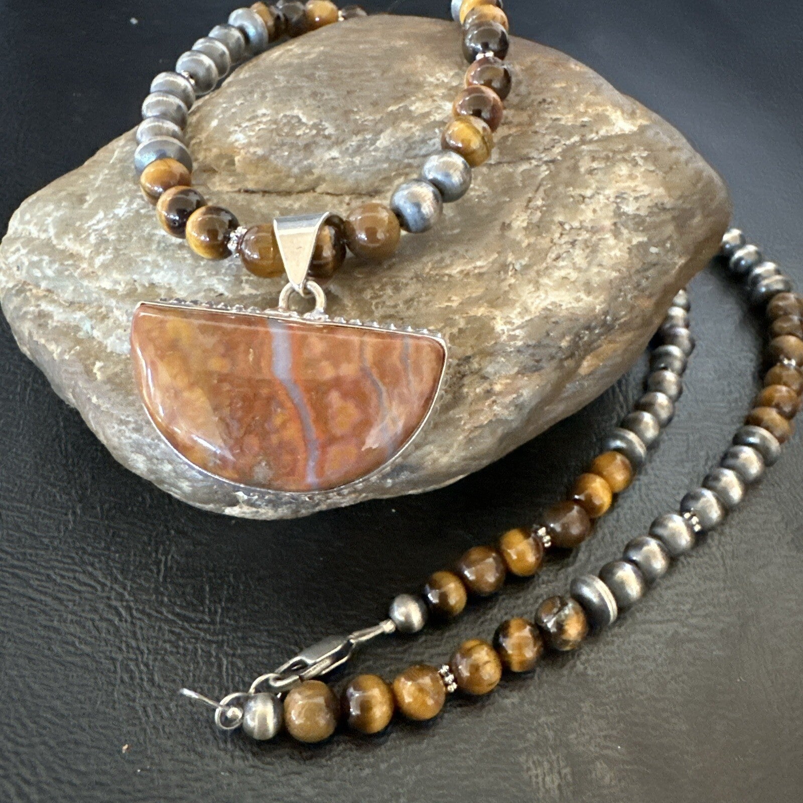 Coffee Tigers Eye Jasper Sterling Silver Pendant Necklace Southwestern 18290