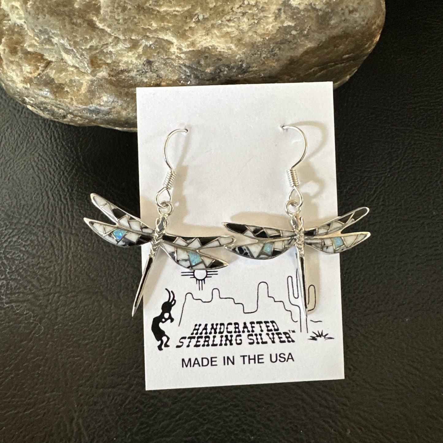 White Buffalo Turquoise Onyx Opal Navajo Sterling Silver Inlay Earrings 1" 18548