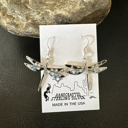 White Buffalo Turquoise Onyx Opal Navajo Sterling Silver Inlay Earrings 1" 18548