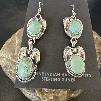 Native Navajo Blue Green Turquoise Sterling Silver Dangle Earrings 2” 17917