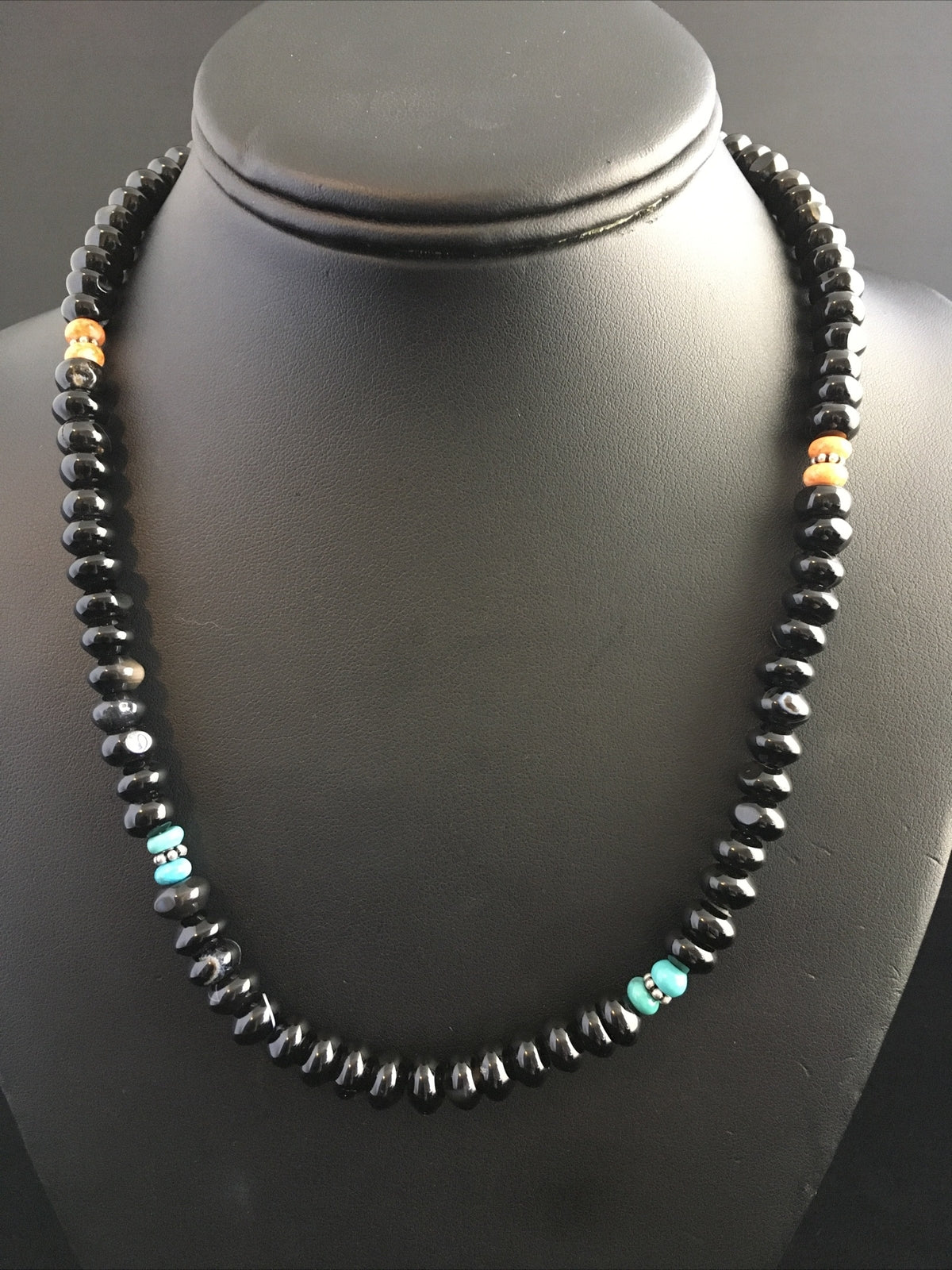 Black Onyx & Turquoise Navajo Sterling Silver Necklace 18" 10022