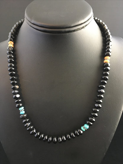 Black Onyx & Turquoise Navajo Sterling Silver Necklace 18" 10022