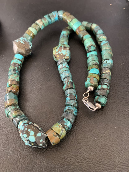 Men Chunky Spiderweb Turquoise Heishi Navajo Sterling Silver Necklace 21” 124505