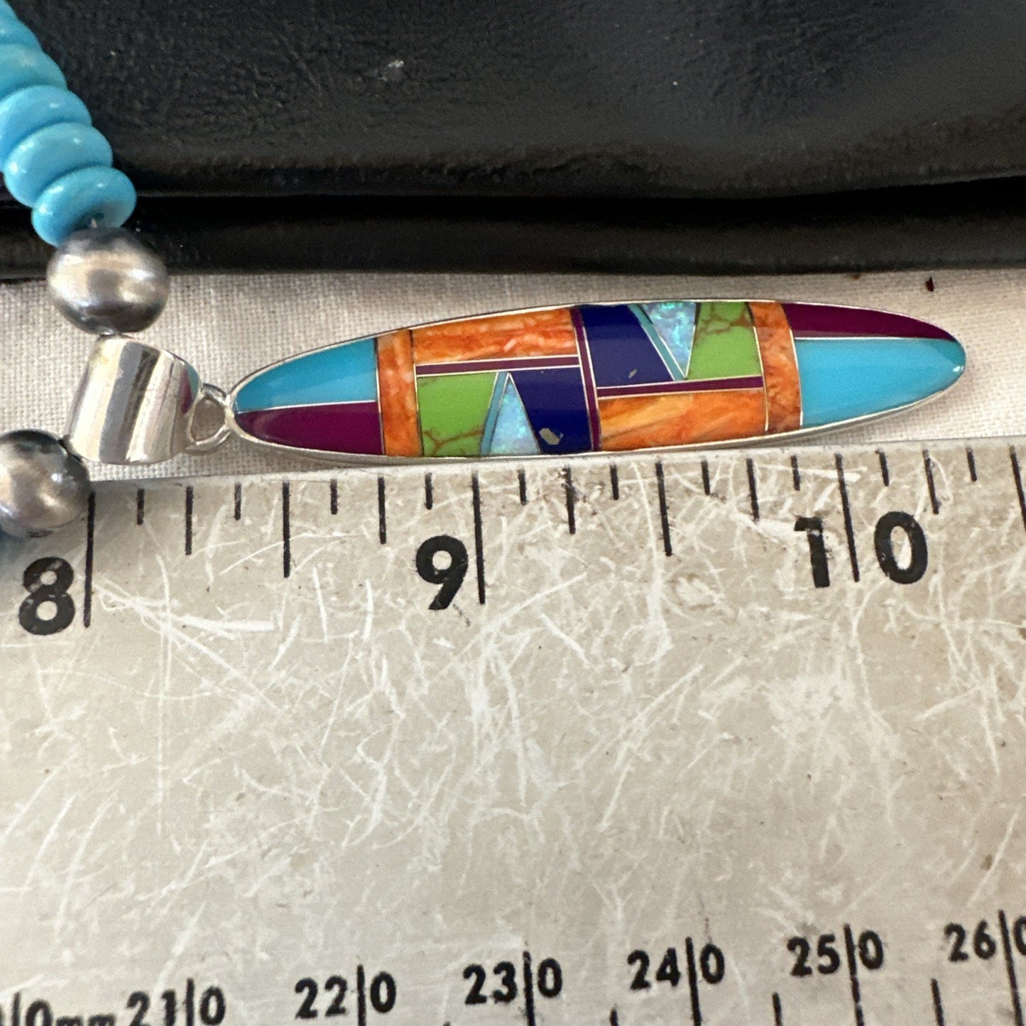 Multicolor Turquoise Spiny Navajo Sterling Silver Inlay Pendant Necklace 19653