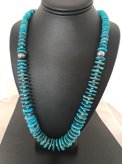 Native Sterling Silver Kingman Turquoise Necklace Pendant Navajo Pearls 8083
