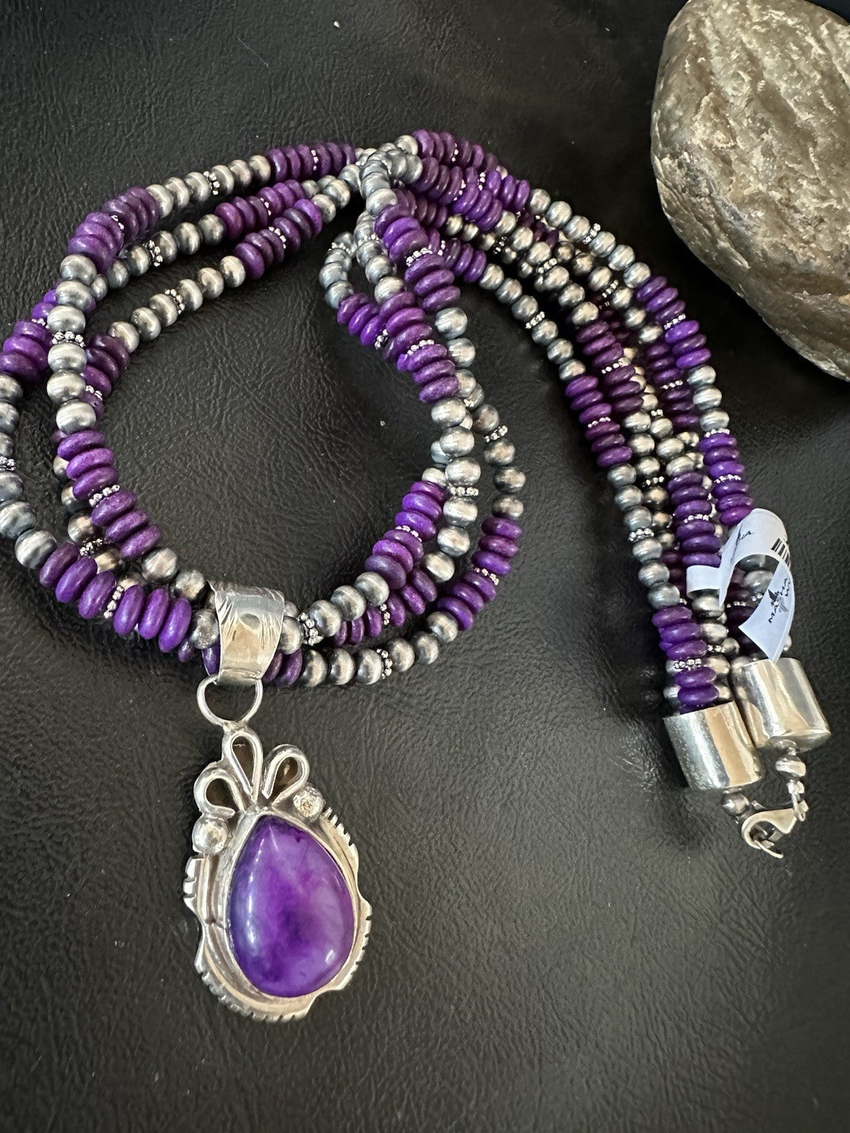 Navajo Sterling Silver 3 Strand Purple Stone Necklace Pendant 22” 19304