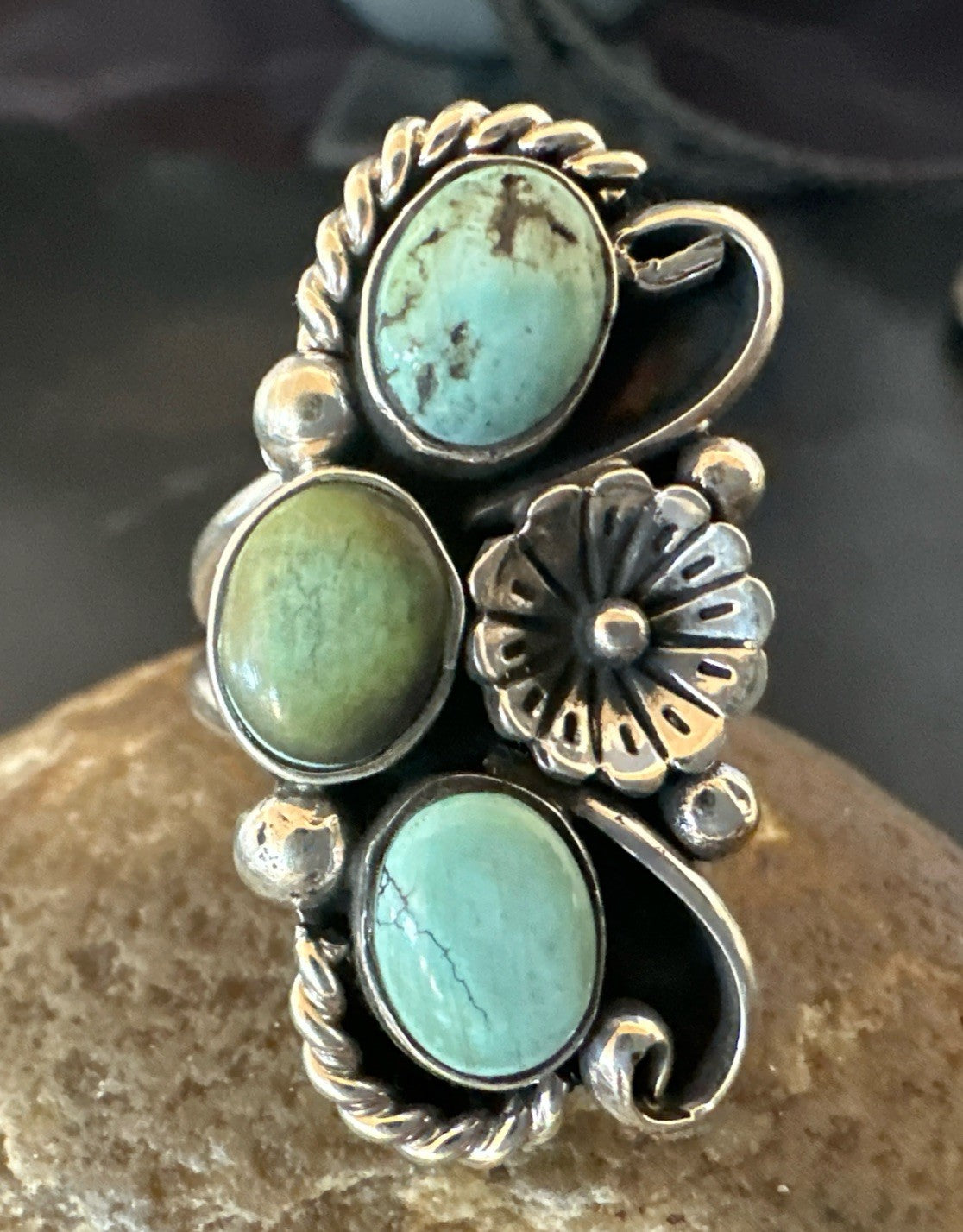 Blue Green Turquoise Navajo Sterling Silver Cluster Ring Size 8.5 19079