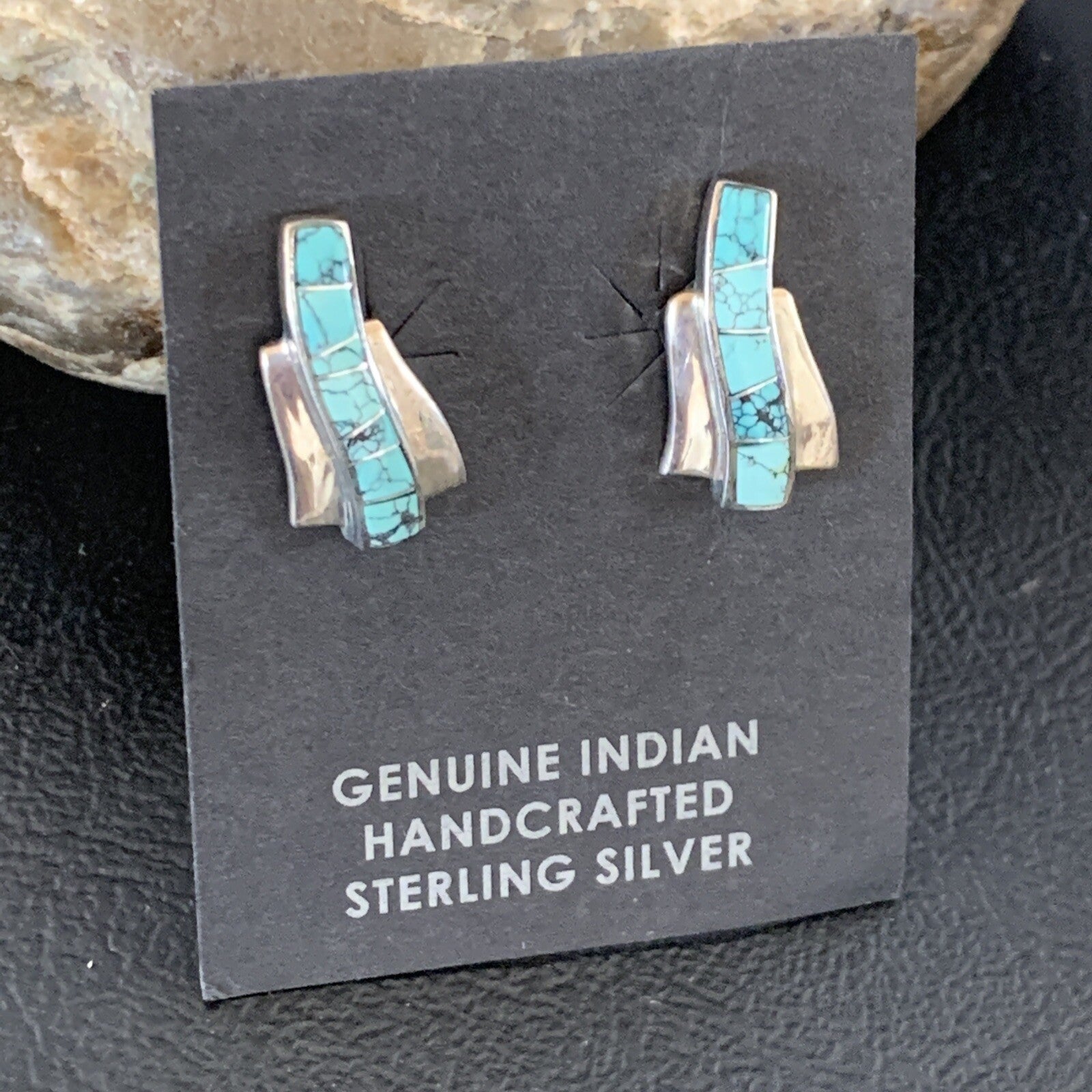 Womens Blue Spider Web Turquoise Navajo Sterling Silver Inlay Earrings 12901