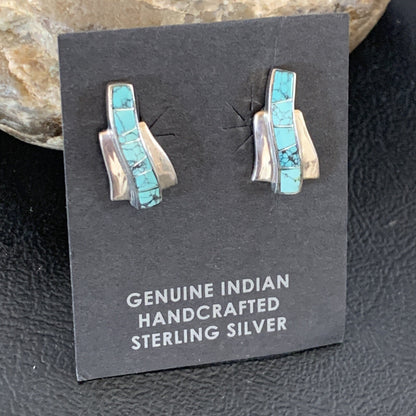 Womens Blue Spider Web Turquoise Navajo Sterling Silver Inlay Earrings 12901