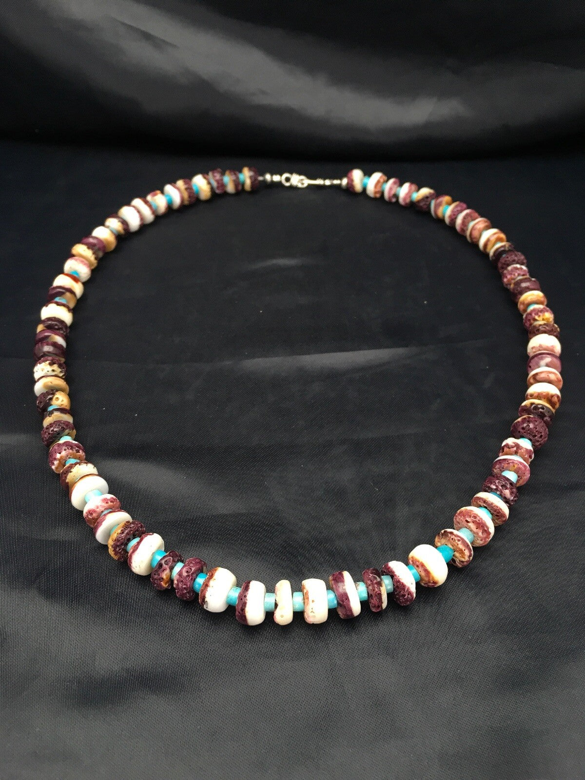 Purple Spiny Oyster & Turquoise Navajo Sterling Silver Bead Necklace 02617
