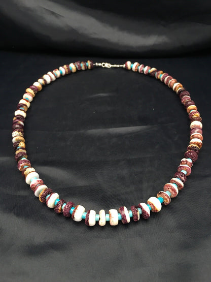 Purple Spiny Oyster & Turquoise Navajo Sterling Silver Bead Necklace 02617