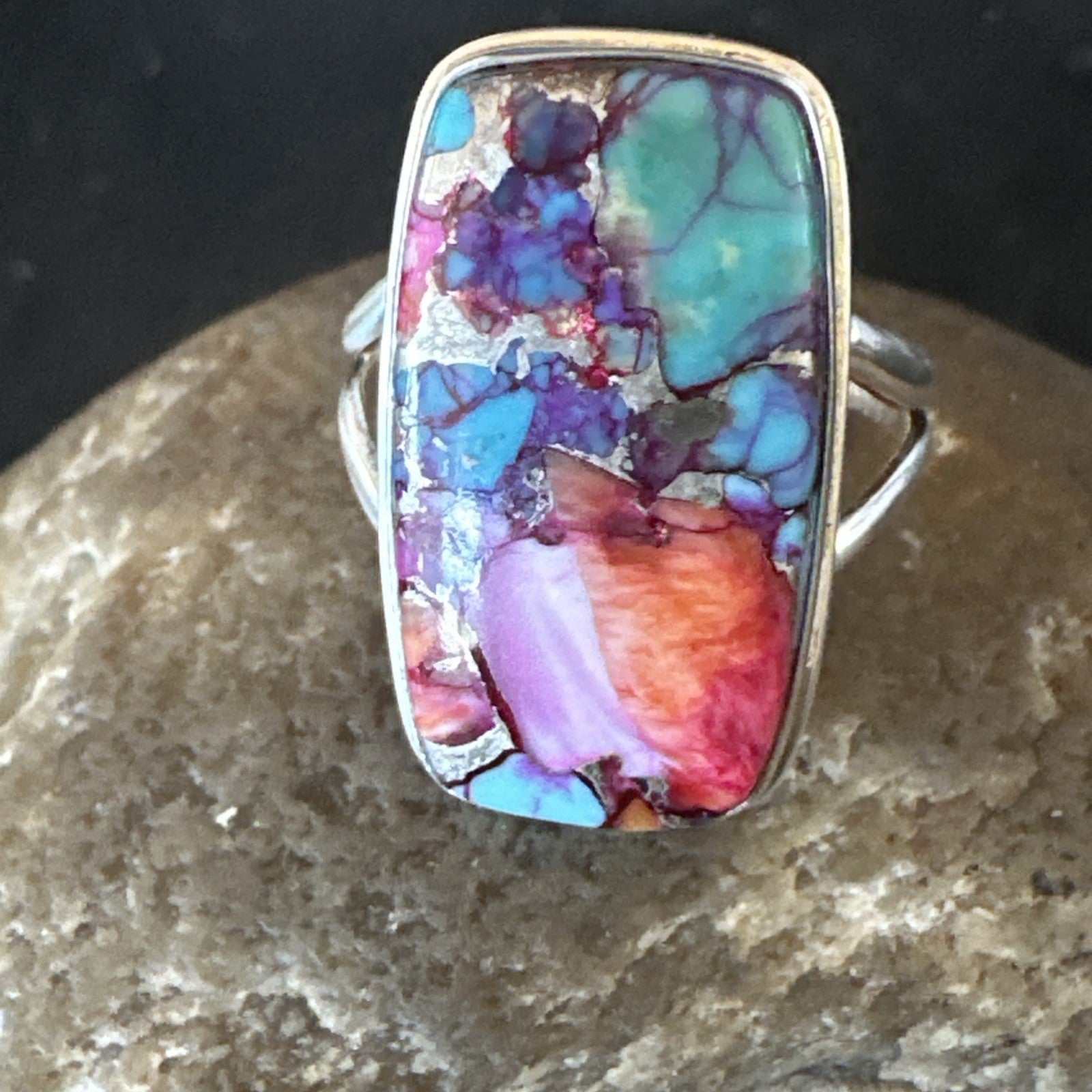 Blue Turquoise Spiny Oyster Southwestern Sterling Silver Ring Size 11 19058