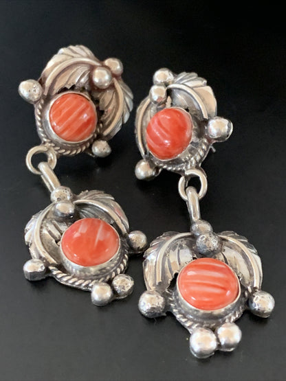 Red Spiny Oyster Southwestrn Navajo Sterling Silver Dangle Earring 02061N