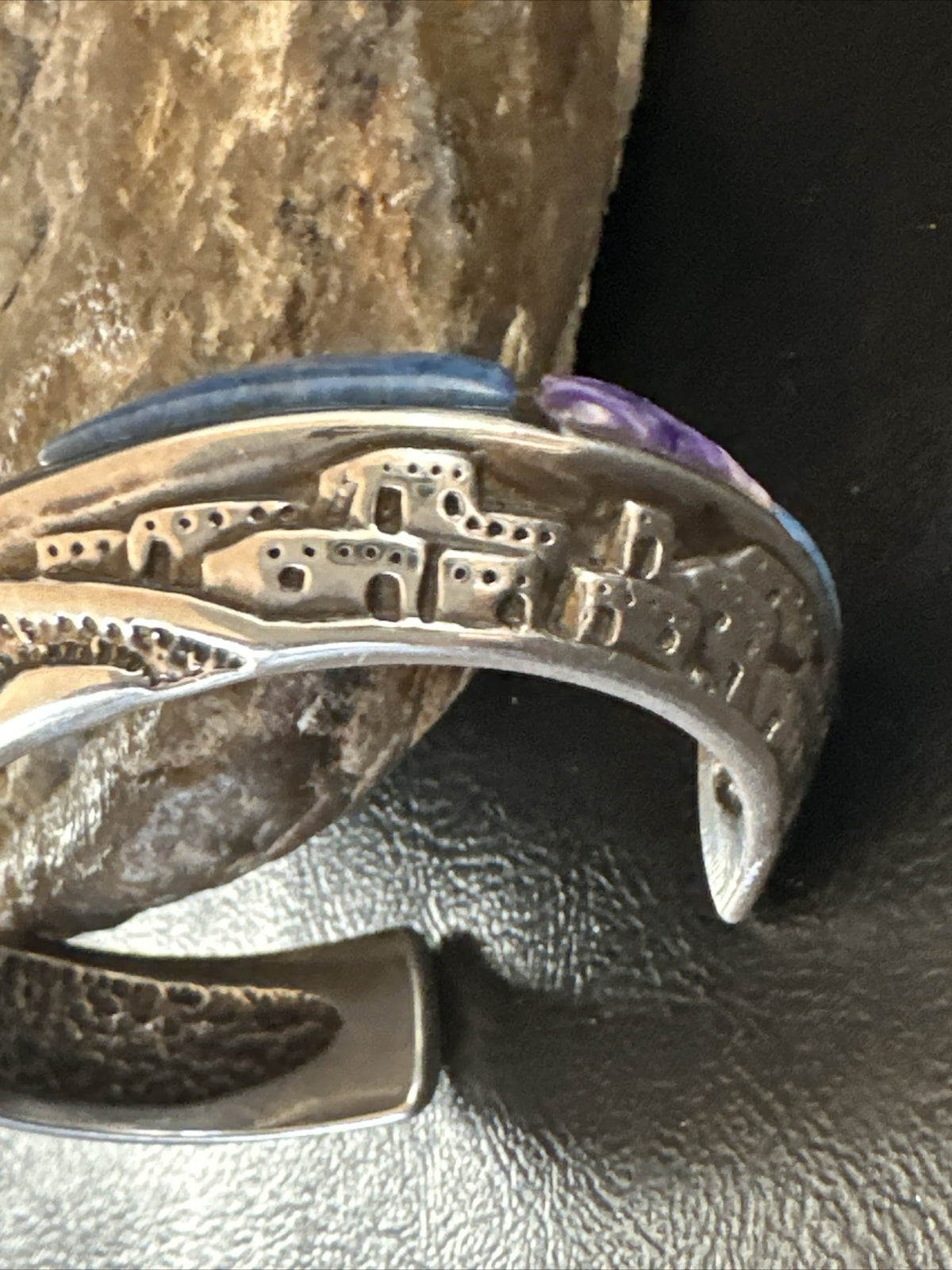 Mens  Purple Stone Lapis Navajo Sterling Silver Tufa Cast Cuff Bracelet 18146