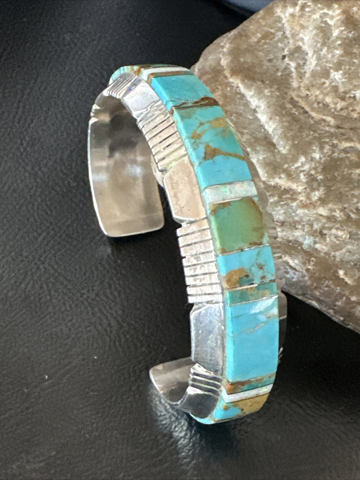Blue Turquoise Opal Navajo Sterling Silver Cuff Inlay Bracelet 17958