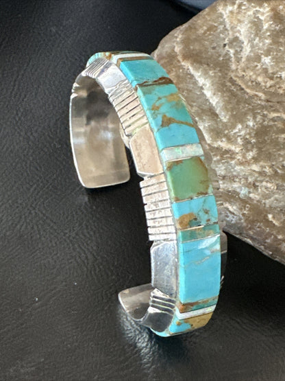 Blue Turquoise Opal Navajo Sterling Silver Cuff Inlay Bracelet 17958