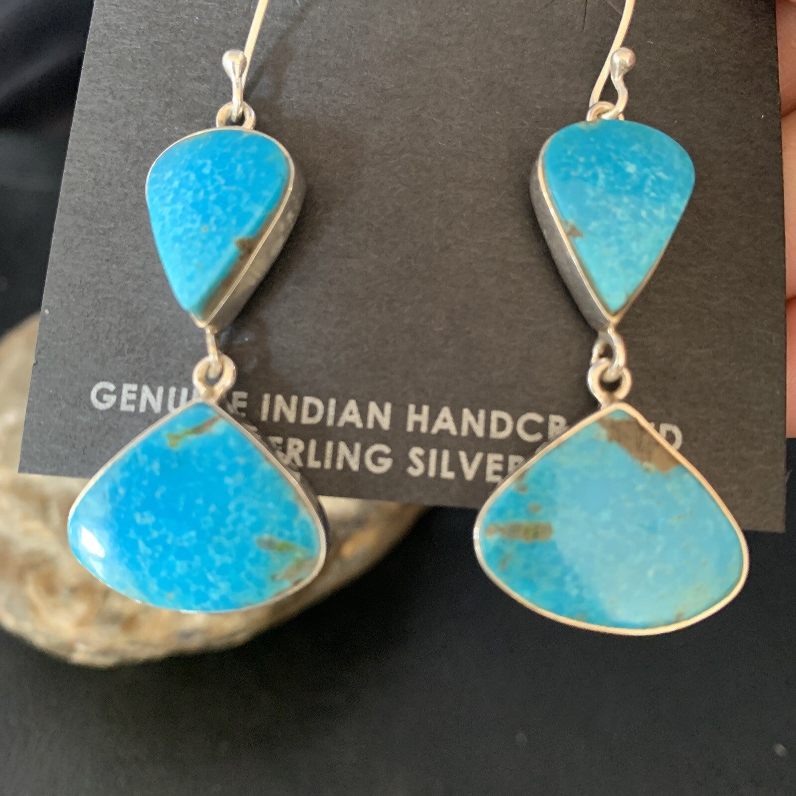 Kingman Turquoise Navajo Sterling Silver Dangle Earrings 1.5" 14013