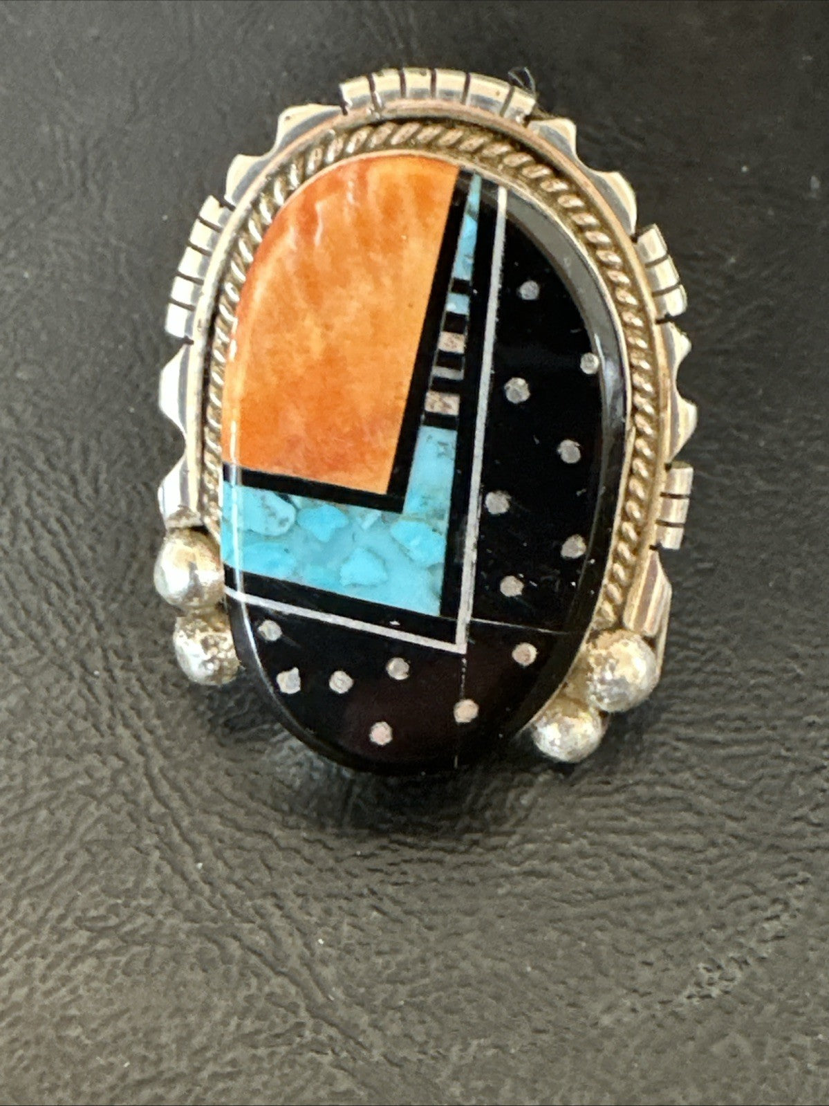 Onyx Turquoise Spiny Navajo Cosmic Inlay Sterling Silver Ring Size 9 19788