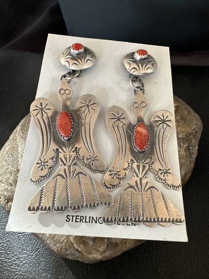 Thunderbird Navajo Womens Stamped Spiny Dangle Earrings Sterling Silver 19787