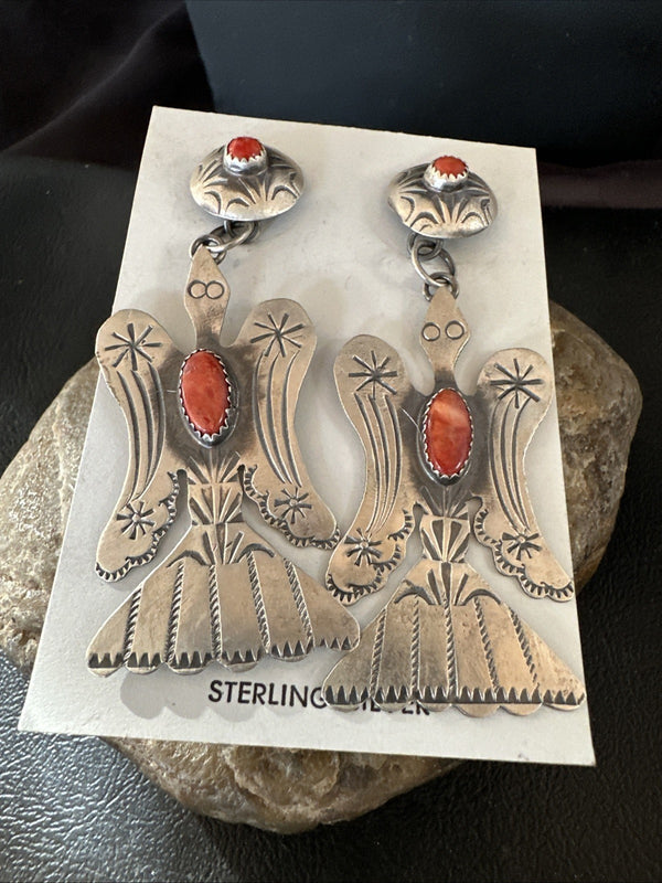 Thunderbird Navajo Womens Stamped Spiny Dangle Earrings Sterling Silver 19787