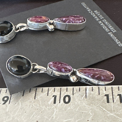 Purple Spiny Oyster Onyx Navajo Sterling Silver Dangle Earrings 2" 18570
