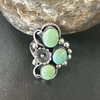 Yazzie Ring Green Turquoise Navajo Sterling Silver Cluster Size 9 19210