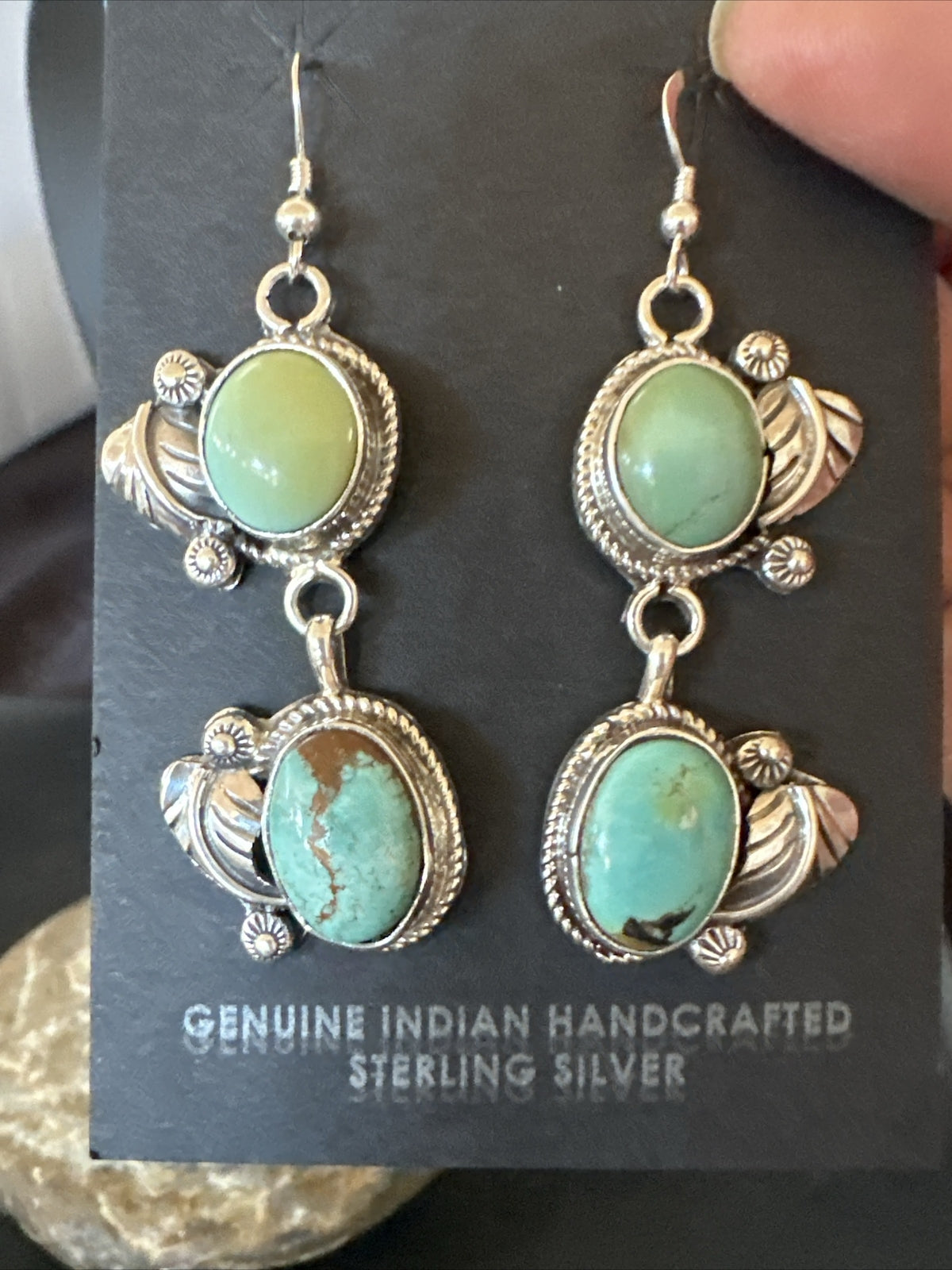 Native Navajo Green Turquoise Sterling Silver Dangle Earrings 2” 17911