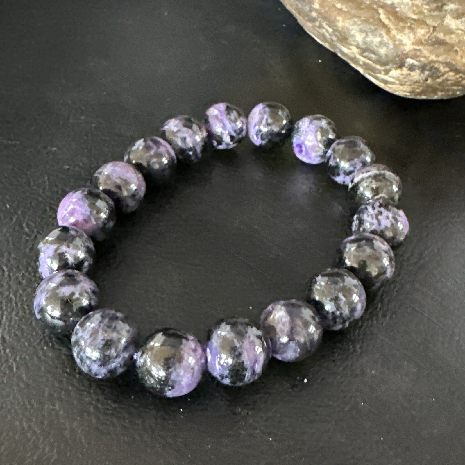 Purple Stone 10mm Stretch Bead Bracelet Navajo Sterling Silver 15239