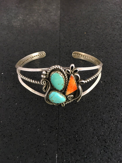 Spiny Oyster & Turquoise Navajo Sterling Silver Bracelet 08846