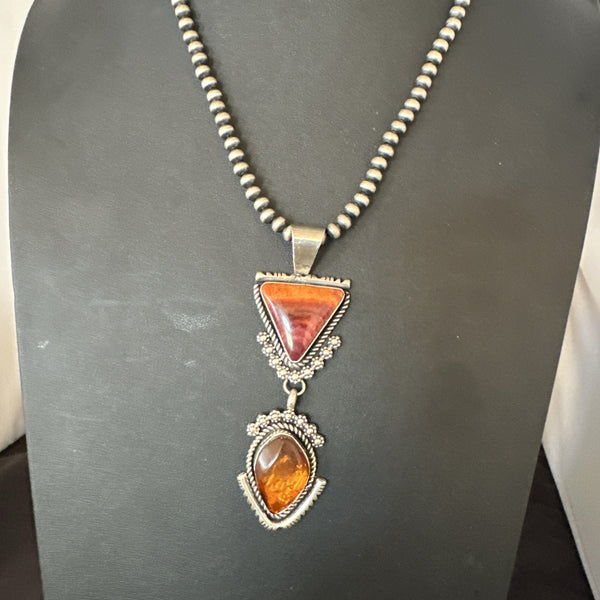 Multicolor Turquoise Spiny Navajo Cluster Pendant Necklace | Sterling Silver | Authentic Native American Handmade | 19684