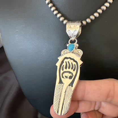 Feather BearPaw Navajo Sterling Silver Blue Turquoise Necklace Pendant 17813