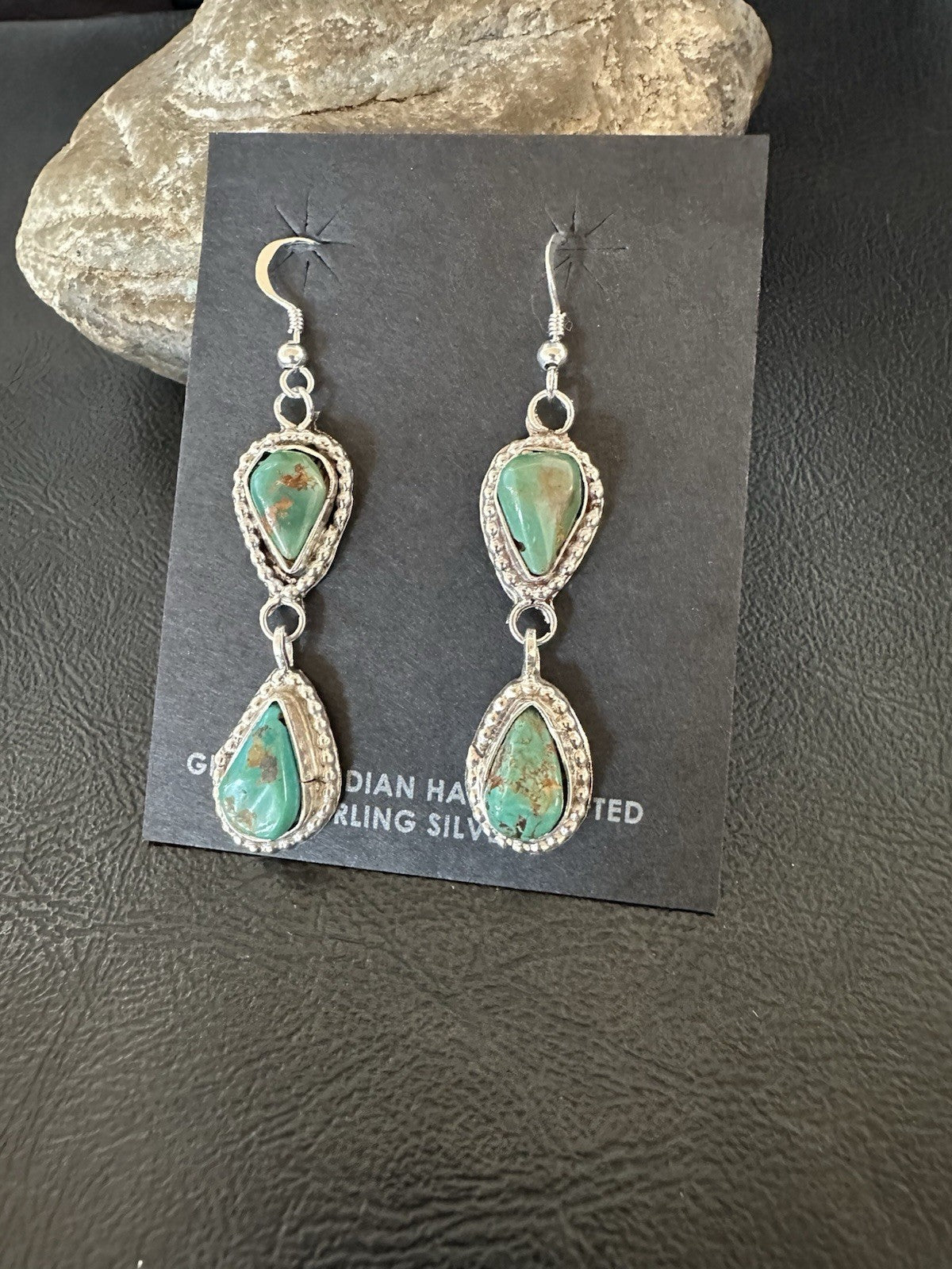Green Royston Turquoise Navajo Sterling Silver Dangle Earrings 19371