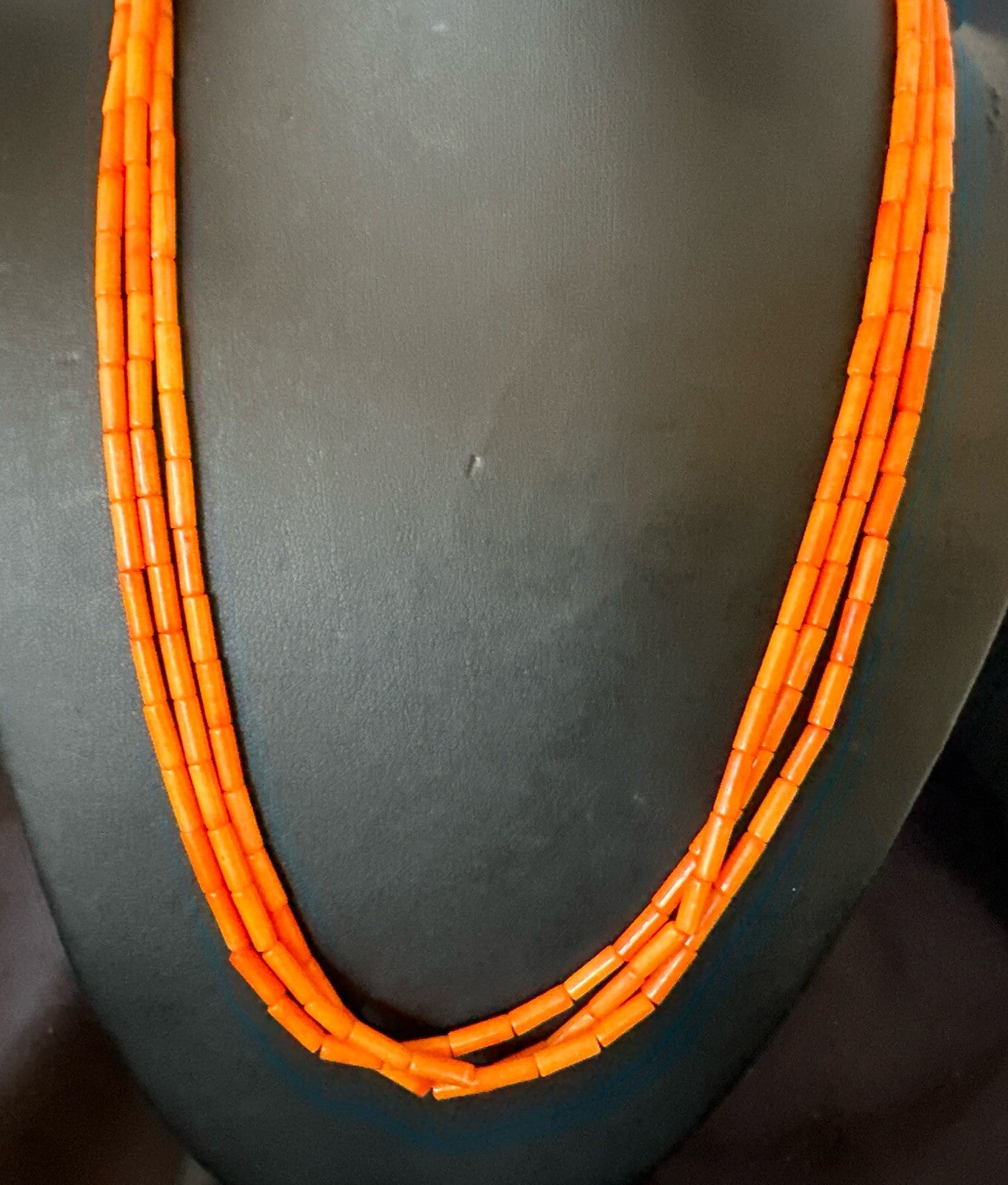 Native American Orange Coral Tubes Sterling Silver 3 Strand Necklace 21" 17821